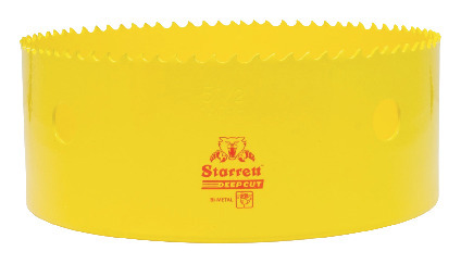 Gul bimetall hålsåg med märkningen "Starrett Deepcut" och tandad kant.