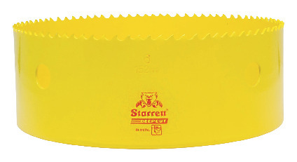 Gul hålsåg i metall med tandad kant och röd text samt logotyp på sidan.