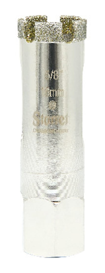 Silverfärgad diamantbelagd hålsåg med texten "5/8 16mm".