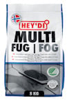 Förpackning med Hey'di Multifog kakelfog, 5 kg i vitt, med text på svenska, norska och engelska.