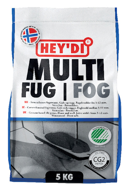 Förpackning med Hey'di Multifog kakelfog, 5 kg i vitt, med text på svenska, norska och engelska.