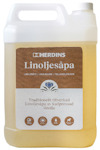 Kanna med Herdins Linoljesåpa naturell, etikett med text och ikoner, genomskinlig vätska.
