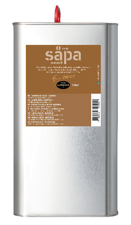 Fyrkantig metallbehållare med brun etikett och texten "såpa naturel" samt fler detaljer. Röd kork på toppen.