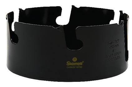 Svart hålsåg med tandad kant och gul logotyp samt text "CARBIDE TIPPED" och "Starrett" i gult på sidan.