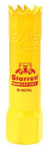 Gul bimetall hålsåg märkt "Starrett Fastcut", "9/16" och "14mm". Synlig tandad kant upptill.