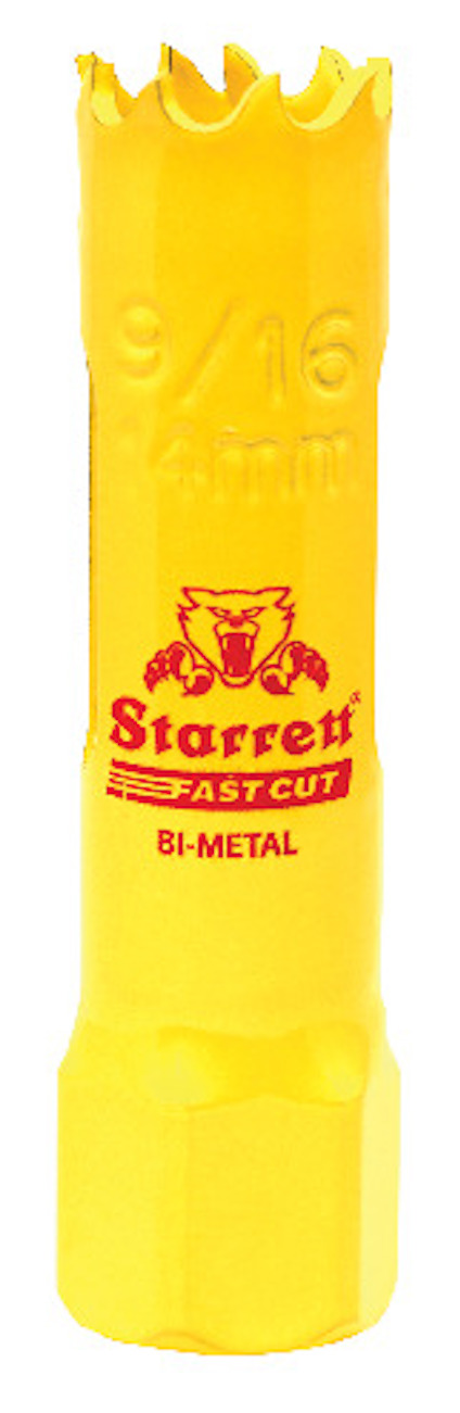 Gul bimetall hålsåg märkt "Starrett Fastcut", "9/16" och "14mm". Synlig tandad kant upptill.