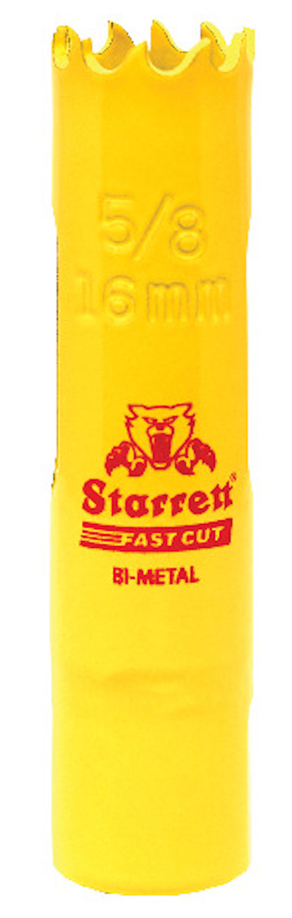Gul bimetall hålsåg med texten "5/8 16 mm" och "Starrett Fastcut" samt röd logotyp.