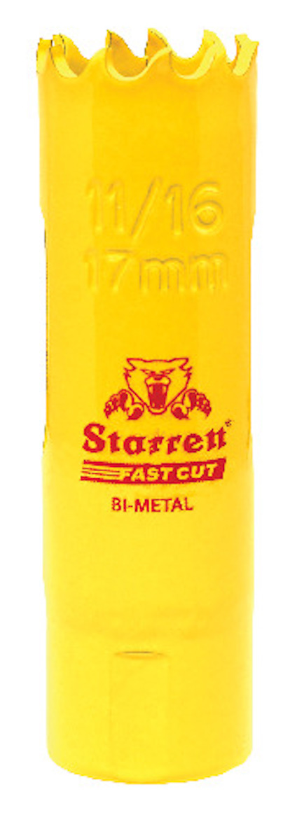 Gul hålsåg i bimetall med texten "11/16 17mm", "Starrett FAST CUT", och "BI-METAL" i röd.