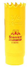 Gul hålsåg i bimetall med tandad kant och märket "Starrett Fastcut" i röd text samt "3/4 19mm" ingraverat.