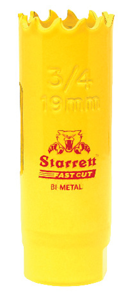 Gul hålsåg i bimetall med tandad kant och märket "Starrett Fastcut" i röd text samt "3/4 19mm" ingraverat.