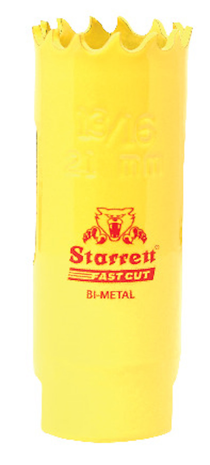 Gul hålsåg med texten "Starrett Fast Cut Bi-Metal" och tandad kant.