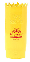 Gul hålsåg av bimetall med text "7/8 22mm", "Starrett Fast Cut" och en tigerlogotyp.