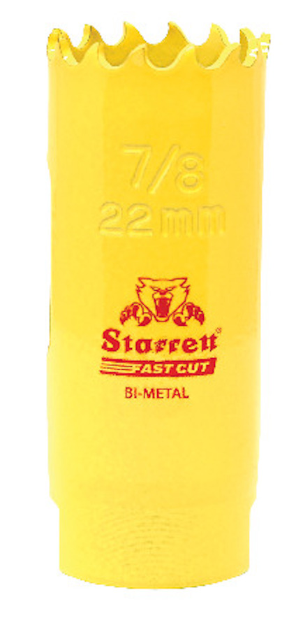 Gul hålsåg av bimetall med text "7/8 22mm", "Starrett Fast Cut" och en tigerlogotyp.
