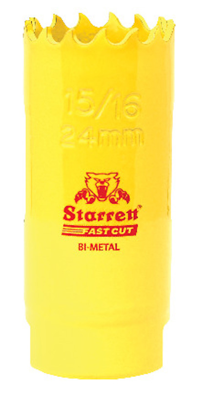 Gul hålsåg med tandad kant och texten "15/16 24mm Starrett Fast Cut Bi-Metal" ingraverad.