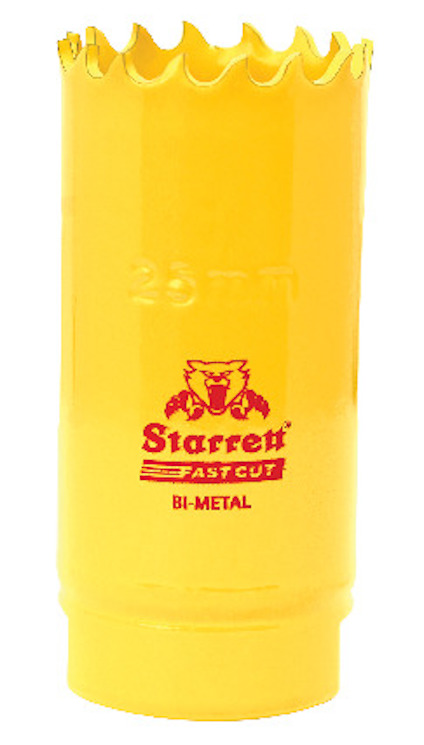 Gul hålsåg i bimetall med tandad kant och röd text "Starrett Fastcut BI-METAL" samt en tigerlogotyp.