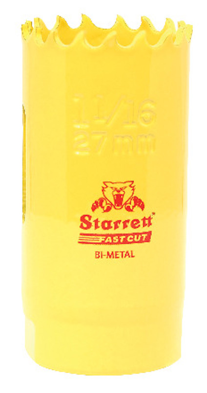 Gul bimetall hålsåg med texten "Starrett Fastcut Bi-Metal" och "27mm" präglad på sidan. Runda tänder längs kanten.