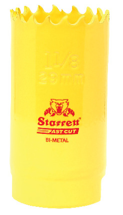 Gul bimetall hålsåg med tandad kant, texten "Starrett Fast Cut BI-METAL" samt "29 mm" synlig.