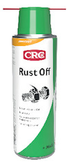 Sprayburk med grön kork och röd spraymunstycke, etikett "CRC Rust Off" med illustration av två skruvar.