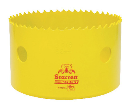 Gul hålsåg med tandad kant och märkt "Starrett Deepcut Bi-Metal" i rött.