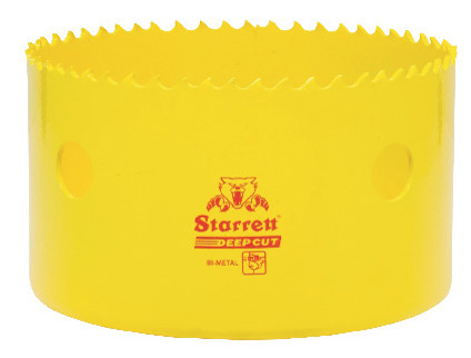Gul hålsåg i bimetall med tandad kant och logotypen "Starrett DEEPCUT" i rött tryck på sidan.
