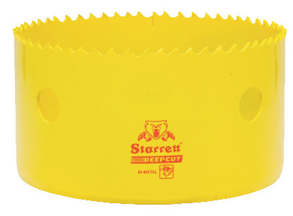 Gul hålsåg i bimetall med tandad kant och röda märken framtill.