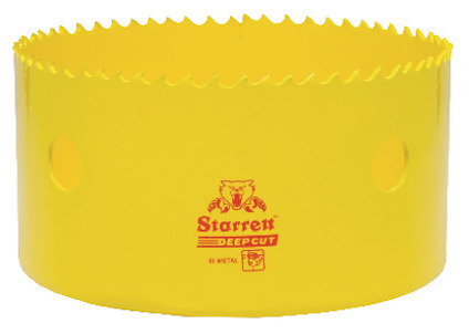 Gul hålsåg med tänder och texten "Starrett Deep Cut Bi-Metal" i rött.