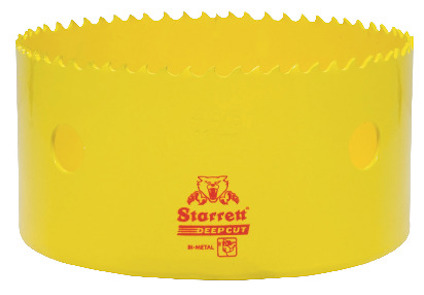 Hålsåg i gul bimetall med taggiga kanter och logotypen "Starrett DEEPCUT BI-METAL" i rött.