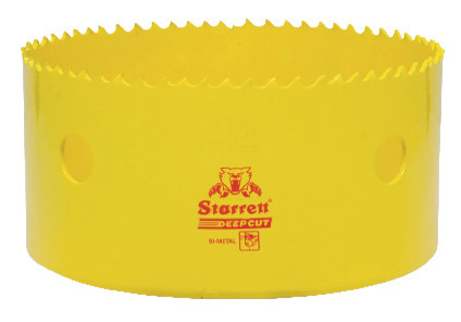 Gul hålsåg i bimetall med tandad kant och varumärket Starrett DeepCut tryckt i rött.
