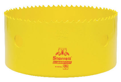 Gul hålsåg i bimetall med tandad kant och texten "Starrett Deep Cut Bi-Metal" tryckt i rött.