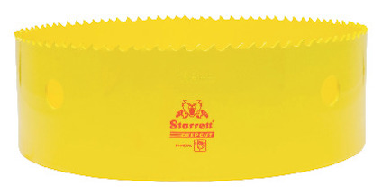 Gul bimetall hålsåg med vassa tänder och texten "Starrett DEEPCUT" tryckt i rött på sidan.