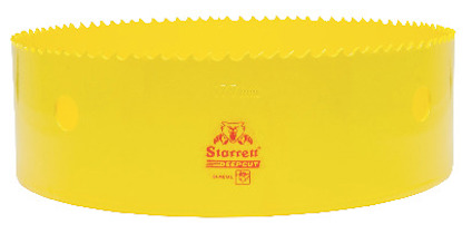 Gul bimetall hålsåg med tandad kant och tryckt text i röd färg på sidan.
