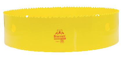 Gul bimetall hålsåg med tandad kant och märkning i rött på sidan.