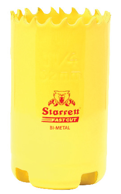 Gul bimetall hålsåg med tandad kant och röd text "Starrett Fastcut BI-METAL" på sidan.