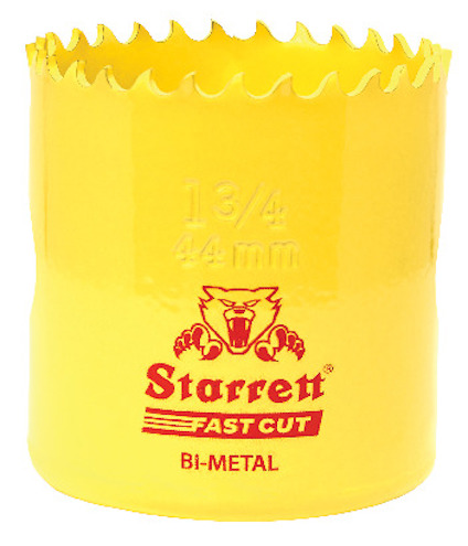 Gul hålsåg med texten "Starrett Fast Cut Bi-Metal" och en tigerlogotyp tryckt på sidan.