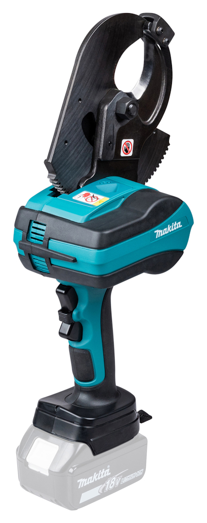 Handhållen, batteridriven kabelsax i svart och turkos med märkningen Makita.