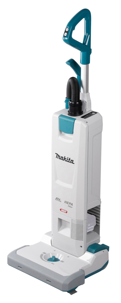 Stående dammsugare från Makita med borstar och blått handtag, vit och grå design.