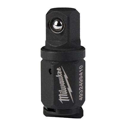 Svart adapter med texten "Milwaukee" och en artikelnummer, samt en metallsprint högst upp.