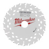 Cirkelsågskiva med texten "Milwaukee" och piktogram samt pilar på en ljus bakgrund.