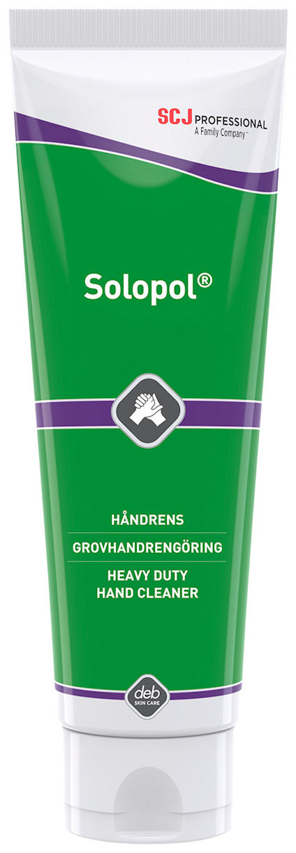 Förpackning för grov handrengöring, märkt "Solopol". Grön etikett med vita och lila detaljer.