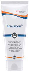 Vit tub med märket "Travabon" och texten "Skyddskräm - Olja, Fett och Vidhäftande Ämnen".