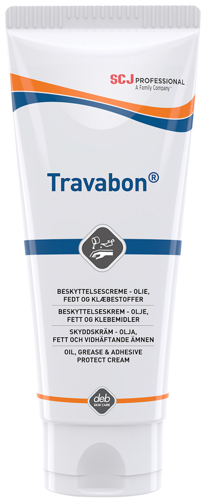 Vit tub med märket "Travabon" och texten "Skyddskräm - Olja, Fett och Vidhäftande Ämnen".