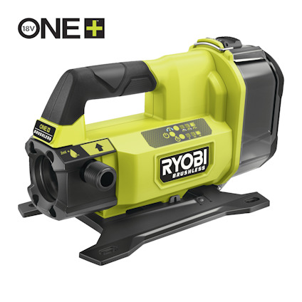 Grön och svart bärbar vattenpump från Ryobi, märkt med "ONE+ 18V" och "BRUSHLESS" på sidan.