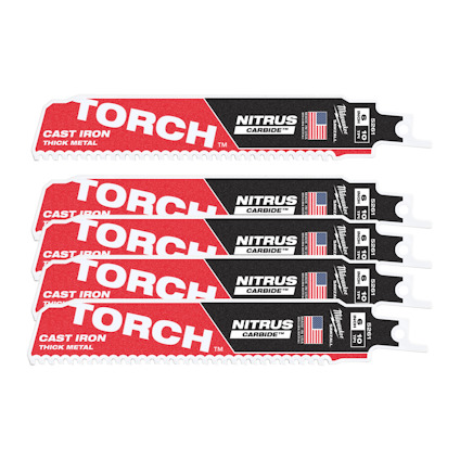 Fem röda tigersågblad staplade, märkta med "Torch", "Nitrus Carbide" och flagga, avsedda för gjutjärn och tjock metall.
