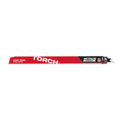 Rött och vitt tigersågblad med texten "TORCH" och "NITRUS CARBIDE" för kapning av gjutjärn och tjock metall.