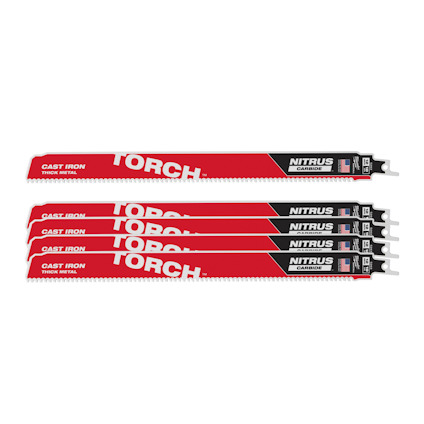 Fem röda tigersågsblad med texten "TORCH", "CAST IRON", och "NITRUS CARBIDE".