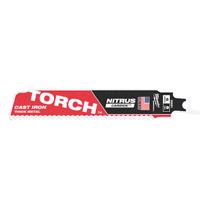 Tigersågblad med texten "TORCH CAST IRON THICK METAL". Röd och svart färg med amerikansk flagga.