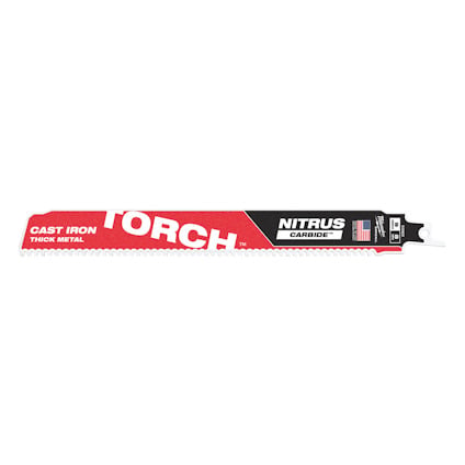 Tigersågblad i rött och svart med texten "Torch", "Nitrus Carbide", och "Cast Iron Thick Metal".