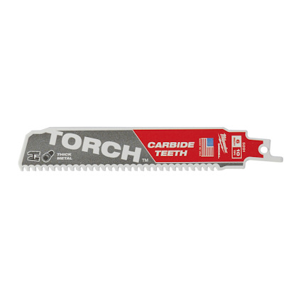 Tigersågblad med texten "Torch Carbide Teeth", grå och röda färger, samt symboler och flaggområde.