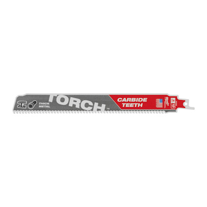 Tigersågblad med text: "TORCH CARBIDE TEETH". Grått och rött med amerikansk flagga och "THICK METAL" ikon.