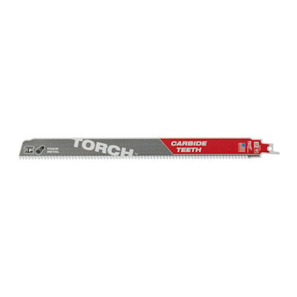 Tigersågblad med karbidtänder, märkt "TORCH" och "CARBIDE TEETH" med röda och grå färger.